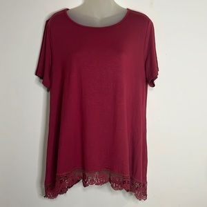 Qixing Boho Chic Knit Top with Scalloped Crochet Lace Hem Wine Red Size XL NWT
